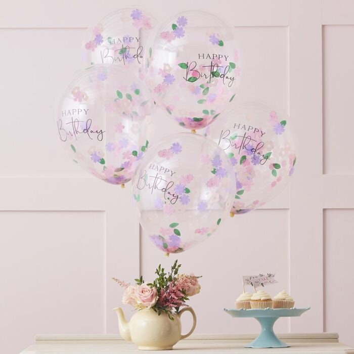 Floral Confetti Balloons - Happy Birthday Balloons - Birthday Party Balloons - Party Decorations - Floral Tea Party Balloons - Pack of 5