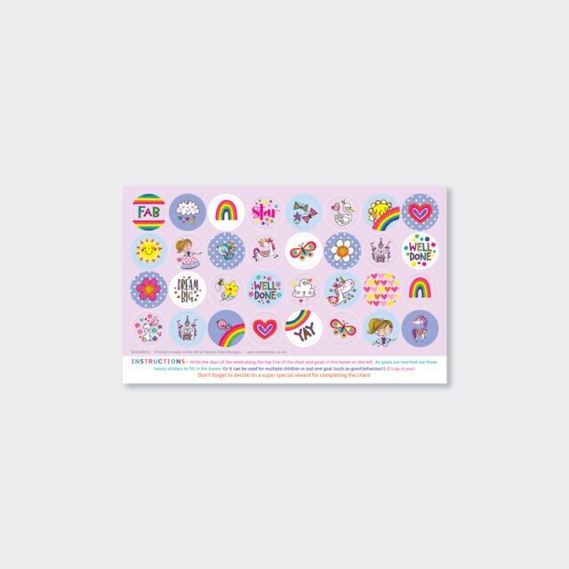 Reward Chart With Stickers - Kids Little Princess & Unicorn Rainbow Task Chart - Customisable Behaviour Chores Chart - Rachel Ellen Designs