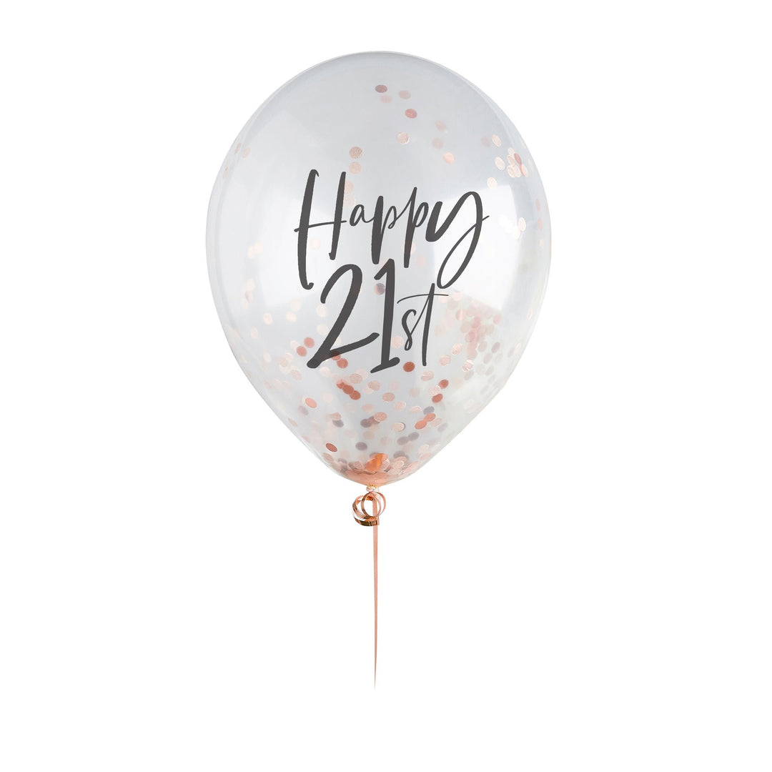 Happy 21st Rose Gold Confetti Balloons - 21st Birthday Balloons - Rose Gold 21st Birthday Decorations - Party Decorations - Pack of 5