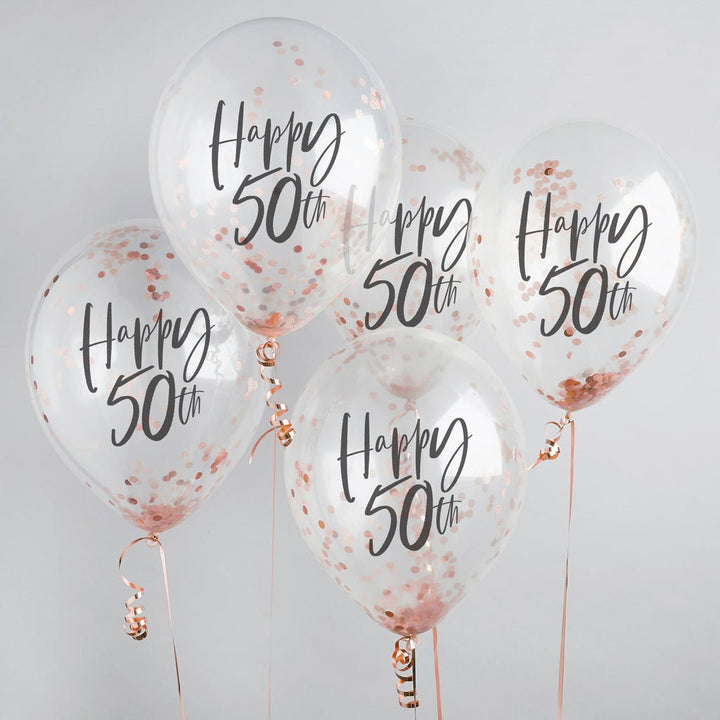 Happy 50th Rose Gold Confetti Balloons - 50th Birthday Balloons - Rose Gold 50th Birthday Decorations - Party Decorations - Pack of 5