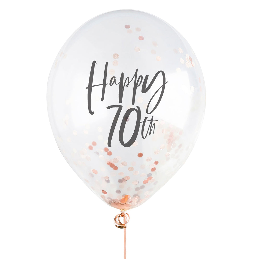 Happy 70th Rose Gold Confetti Balloons - 70th Birthday Balloons - Rose Gold 70th Birthday Decorations - Party Decorations - Pack of 5