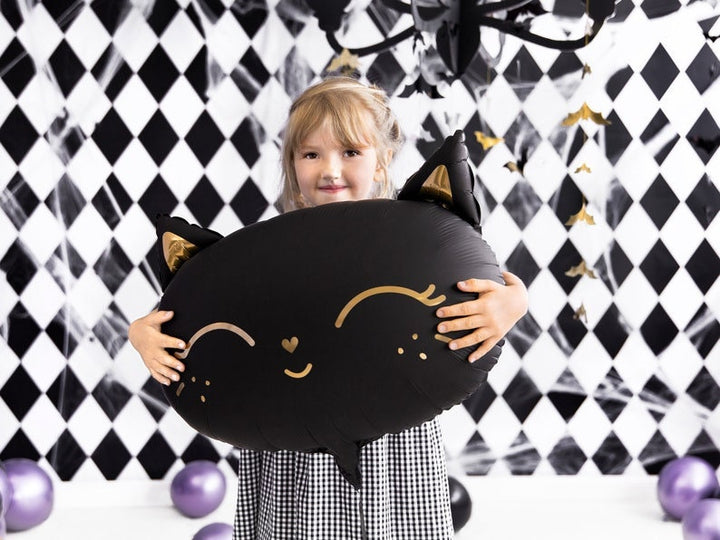 Black Cat Balloon - Giant Kitten Foil Balloon - Kitten Party Balloons - Cute Black & Gold Cat BalloonMeow Party - Kitty Cat Helium Balloon