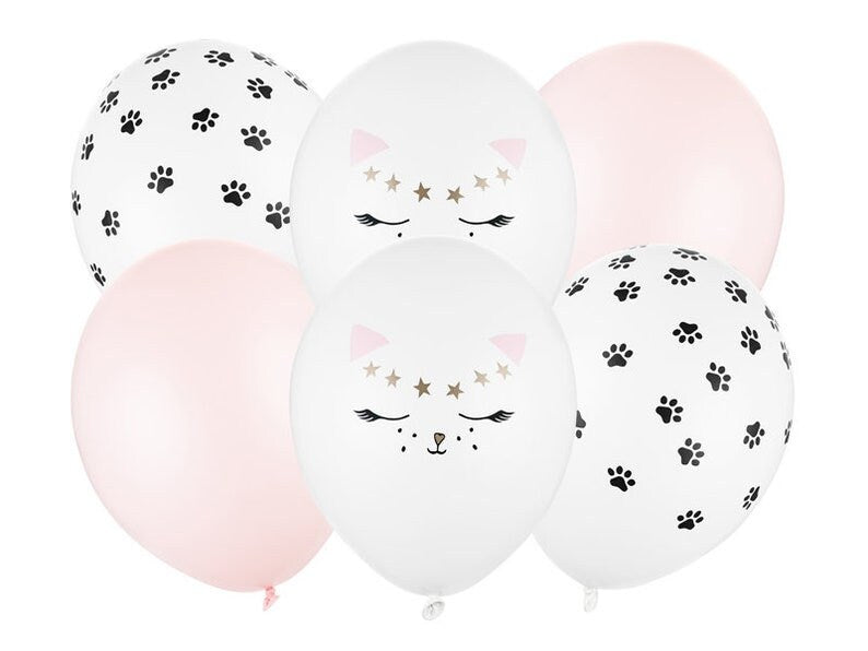 Cat Balloons - Pink & White Kitten Party Balloons - Paw Print Balloons -Meow Party-Kitty Cat Helium Balloons-Cat Party Decorations-Pack of 6