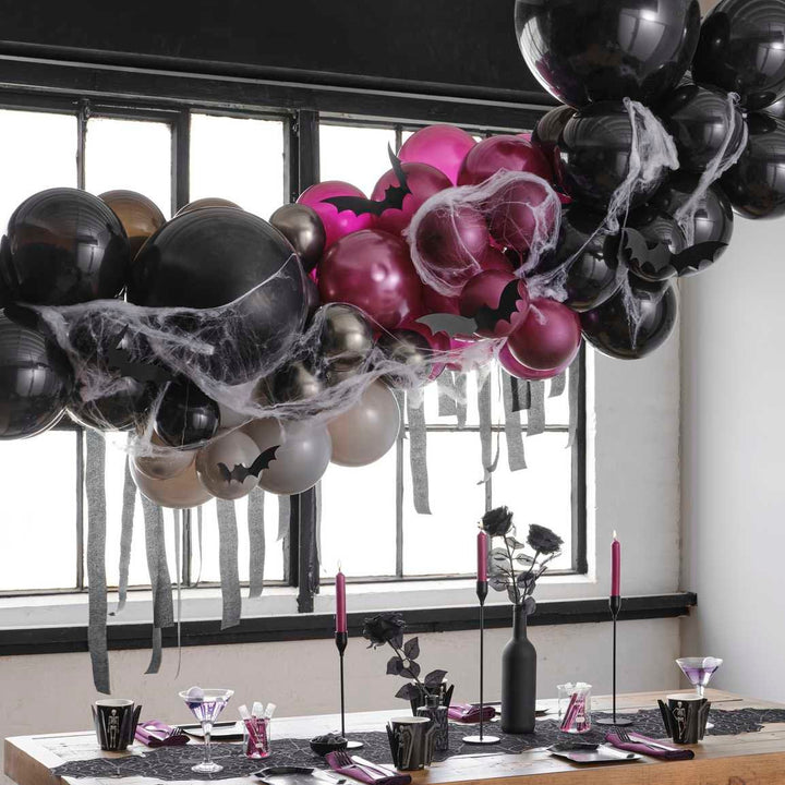 Halloween Balloon Arch Kit - Purple, Black, Grey Balloon Backdrop With Streamers, Cobwebs And Bats - Halloween Party Decorations