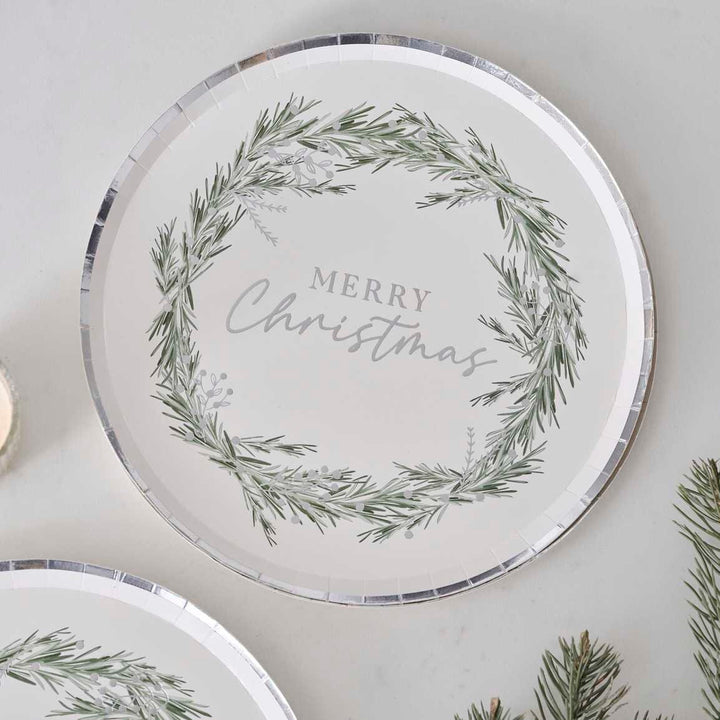 Christmas Paper Plates - Silver & Green Foliage Christmas Party Plates - Christmas Party Tableware -Xmas decorations-Holiday Decor-Pack of 8