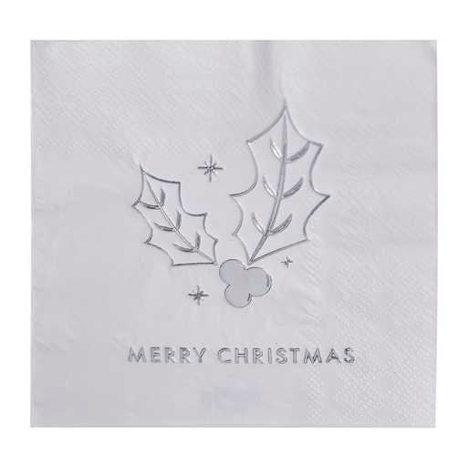 Merry Christmas Napkins - White & Silver Paper Napkins - Cocktail Napkins - Christmas Drinks Party Tableware - Traditional decor -Pack of 16