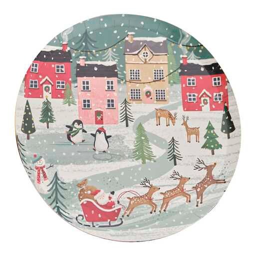 Christmas Paper Plates - Traditional Scene Christmas Party Plates - Christmas Party Tableware - Santa & Reindeer - Snowy Houses - Pack of 8