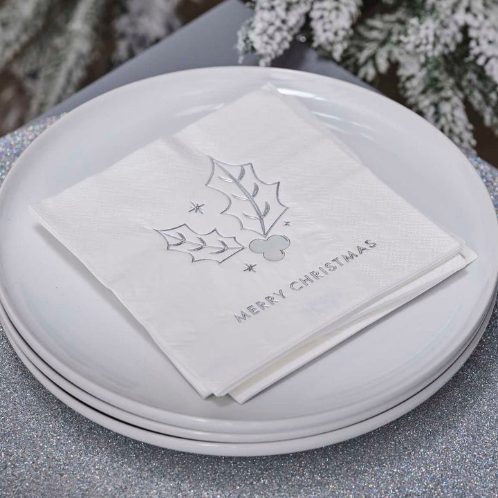 Merry Christmas Napkins - White & Silver Paper Napkins - Cocktail Napkins - Christmas Drinks Party Tableware - Traditional decor -Pack of 16