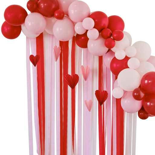 Valentines Balloon Arch Party Backdrop - Red And Pink Balloon Arch With Streamers & Heart Decorations - Valentines Party Decor-Wedding Decor