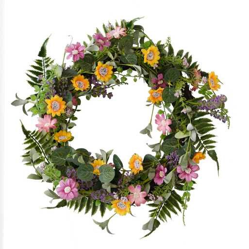 Spring Floral Wreath - Artificial Flower Garland - Easter Door Decoration - Pink & Yellow Flowers - Green Foliage Wreath - Front Door Decor