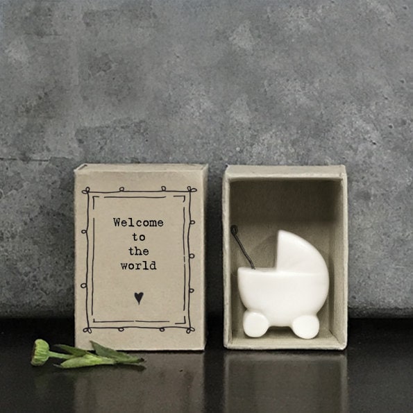 Porcelain Pram Matchbox Gift - Welcome To The World - Gift For New Parents - Gift For Baby - Small Keepsake - East Of India