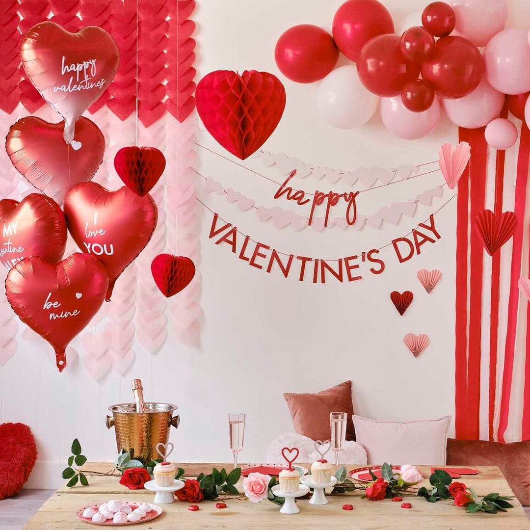 Valentines Balloon Arch Party Backdrop - Red And Pink Balloon Arch With Streamers & Heart Decorations - Valentines Party Decor-Wedding Decor