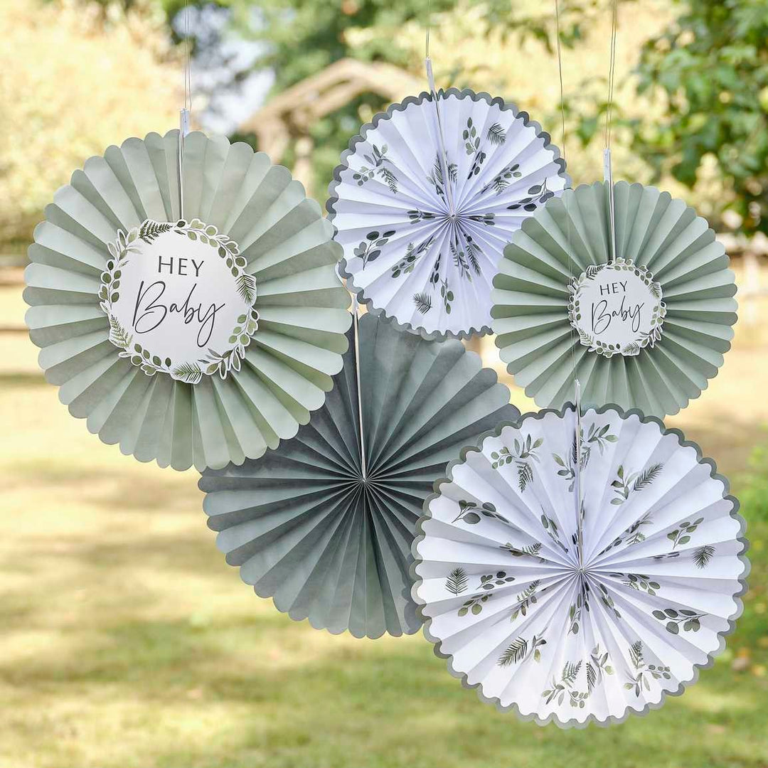 Baby Shower Paper Fans - Hey Baby Sage Green & White Decorations - Botanical Baby Shower Decorations - Gender Neutral - Pack Of 5