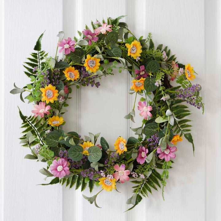 Spring Floral Wreath - Artificial Flower Garland - Easter Door Decoration - Pink & Yellow Flowers - Green Foliage Wreath - Front Door Decor