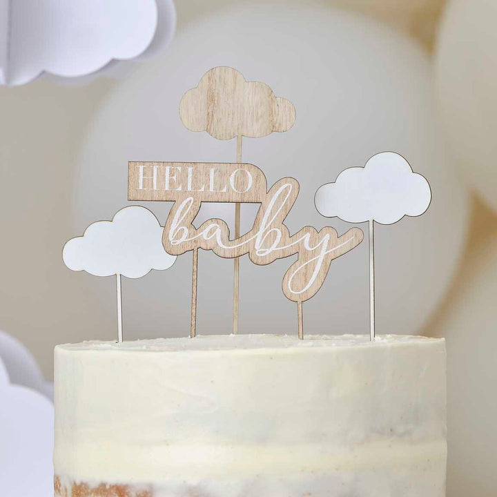 Baby Shower Cake Toppers - Wooden Hello Baby & Clouds Cake Topper - Botanical Baby Shower -Wood And White Cloud Topper - Gender Neutral