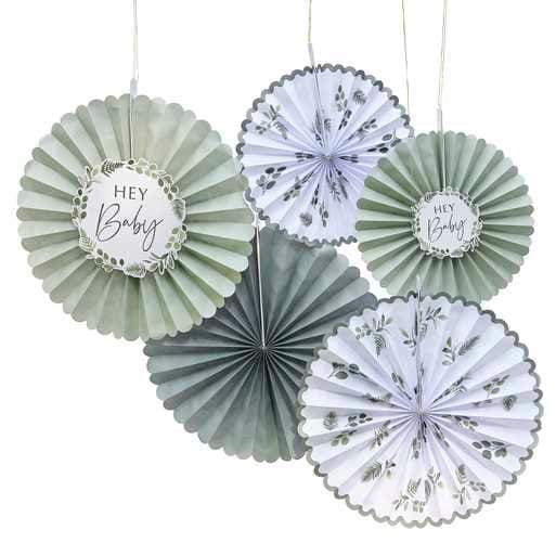 Baby Shower Paper Fans - Hey Baby Sage Green & White Decorations - Botanical Baby Shower Decorations - Gender Neutral - Pack Of 5