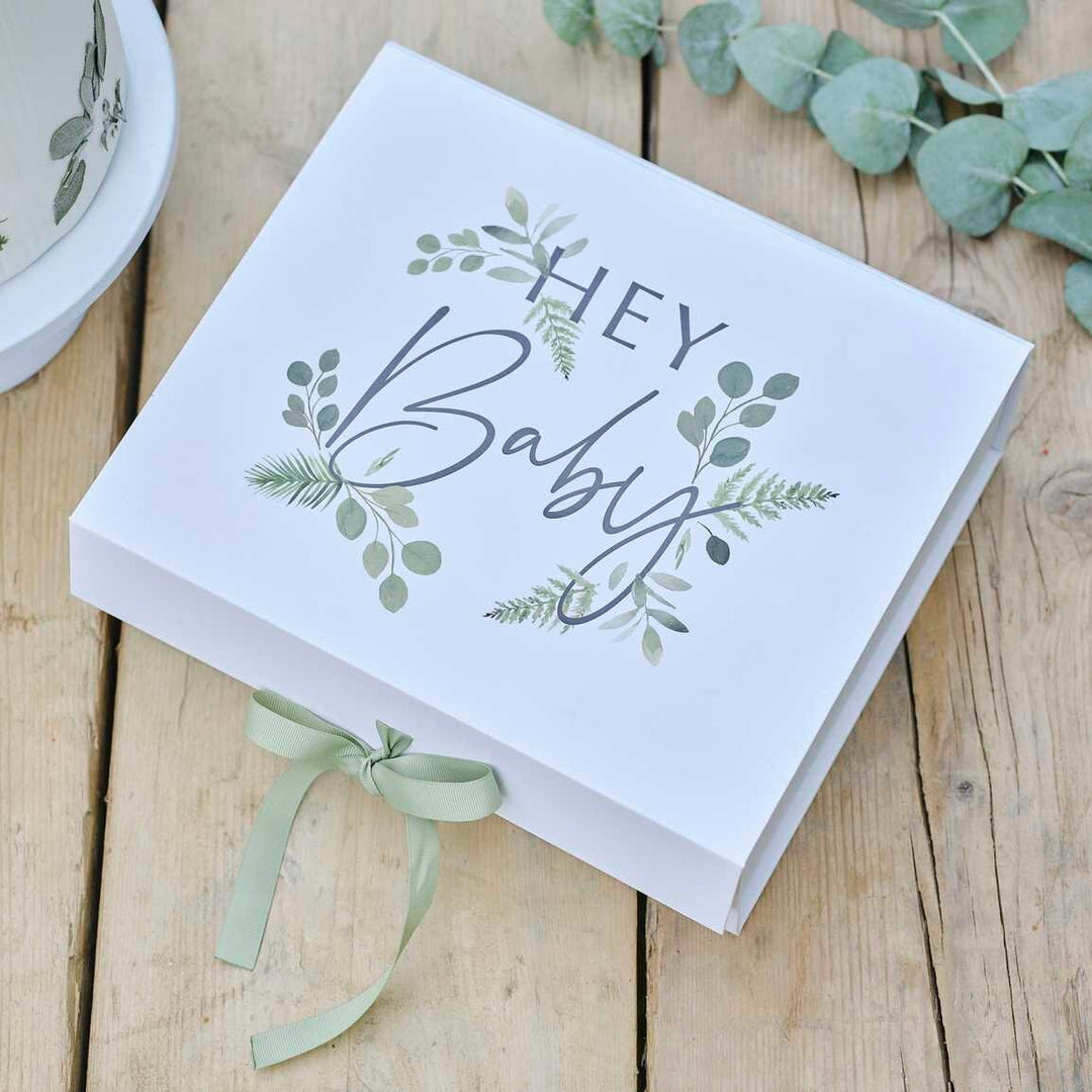 Baby Shower Gift Box - Botanical Baby Shower - Hey Baby - Baby Shower Keepsake Box - White And Green Box Tie Ribbon - Gift Wrap Alternative