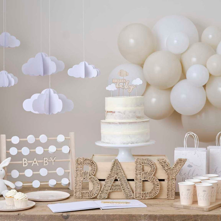 Baby Shower Cake Toppers - Wooden Hello Baby & Clouds Cake Topper - Botanical Baby Shower -Wood And White Cloud Topper - Gender Neutral