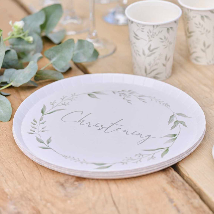 Christening Paper Plates - White & Green Botanical Paper Party Plates - Eco Friendly Party Supplies - Watercolour Leaf Design - Pack of 8