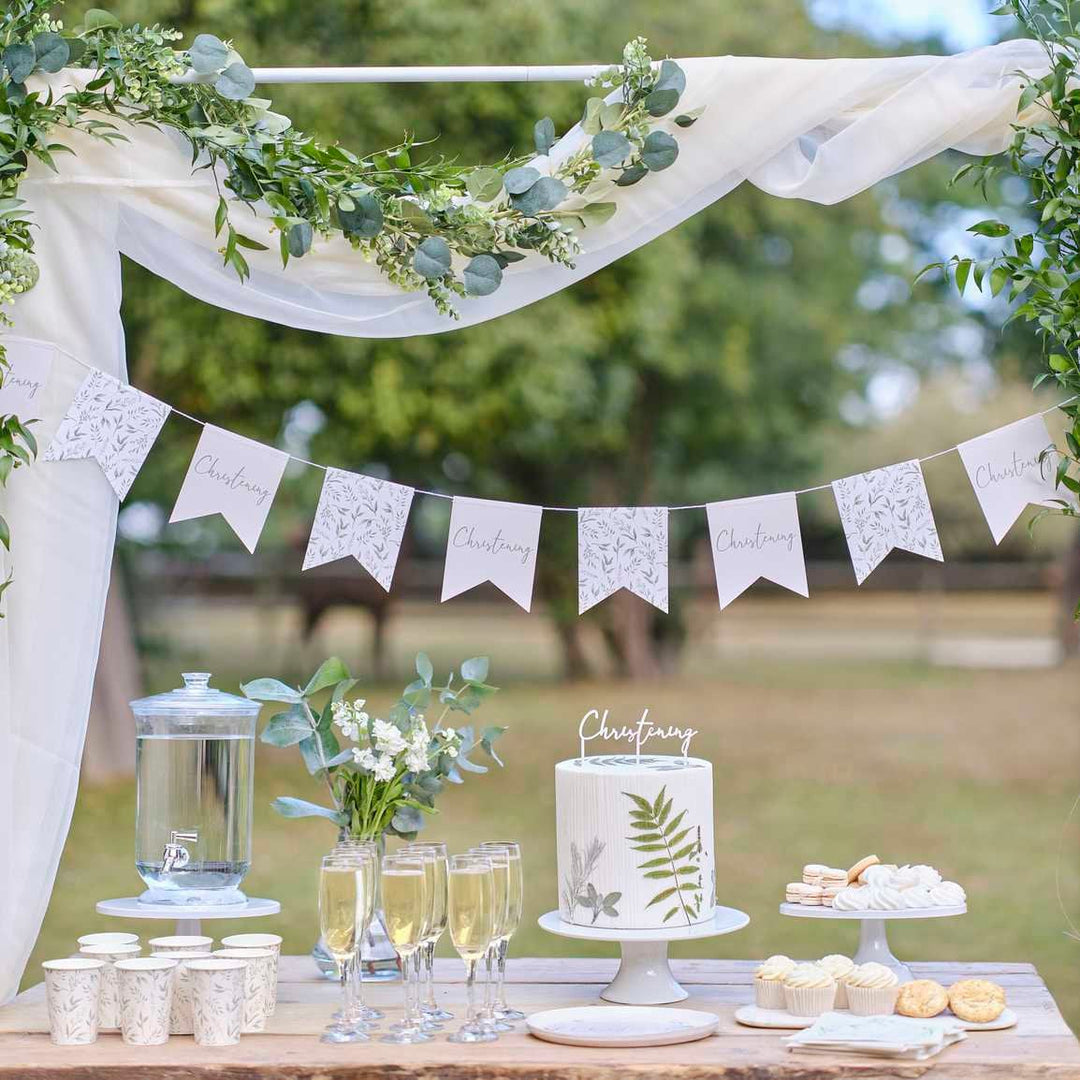 Christening Bunting - White & Green Botanical Christening Garland - Botanical Baby - Gender Neutral - Christening Decorations