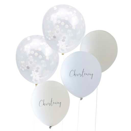 Christening Balloons - White, Nude & Confetti Balloons - Christening Balloon Bundle - Christening Decorations - Pack of 5