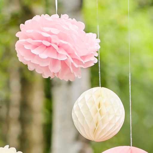 8 Cream Pink Pom Pom Honeycomb Hanging Party Decorations - Princess Party Backdrop - Baby Shower Decorations - 1st Birthday Decor