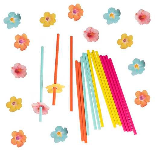 Hawaiian Paper Party Straws with Flower Toppers - Flowers Paper Straws - Birthday Straws - Hawaiian Party - Tropical Tableware - Pack of 16