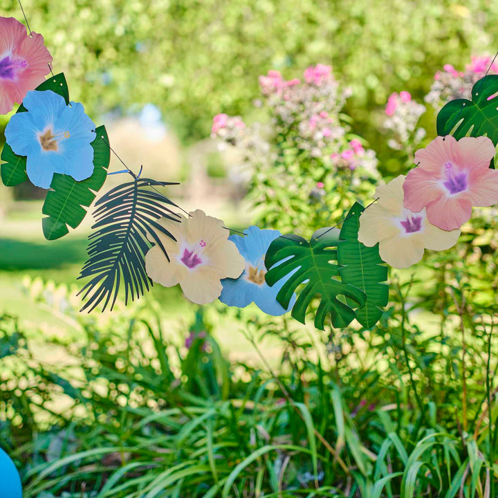 Hawaiian Palm Leaf and Hibiscus Flower Tropical Party Garland Decoration - Tropical Bunting - Aloha Themed Party - Tiki Party-Flower Garland