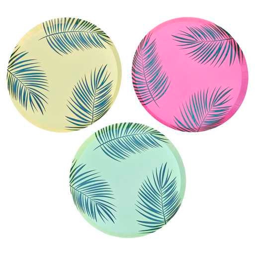 Tropical Party Paper Plates - Green, Pink & Yellow Palm Leaf Paper Plates - Tropical Birthday - Hawaiian Tiki Party Supplies - Pack of 8