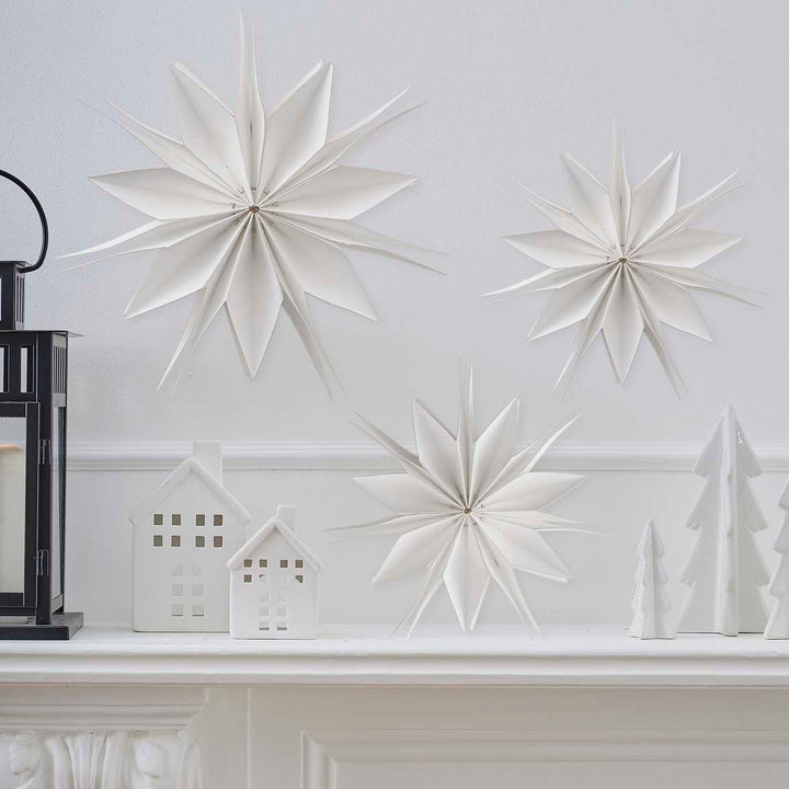 Hanging Paper Star Christmas Decorations - White Paper Star Hanging Christmas Decorations - 3D Contemporary Decor - Holiday Decor -Pack Of 3