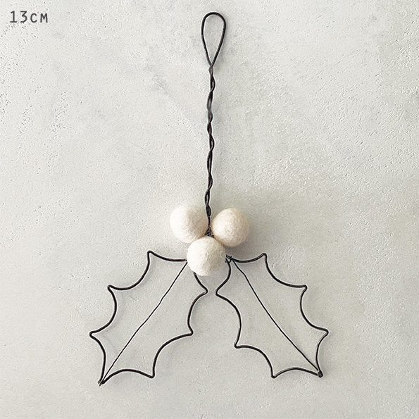 Wire Holly Leaf With Snow White Berries - Christmas Hanging Decoration - Dark Wire Mini Wreath - Christmas Decorations - Holiday Decor