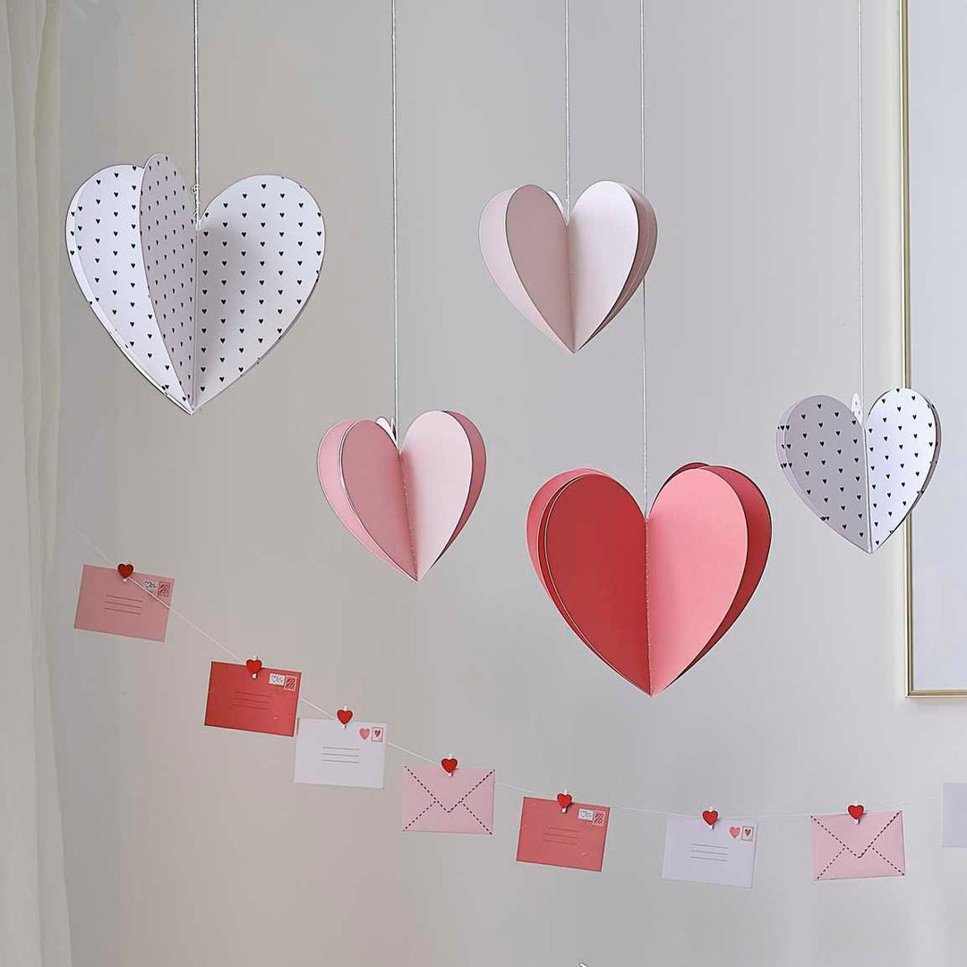 Hanging Heart Decorations - Valentine's Day 3D Hanging Hearts - Valentines Decor - Red, Pink, Blush & Off White Hearts - Pack Of 5