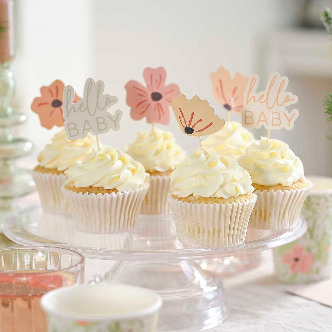 Baby Shower Cake Toppers - Floral Baby Shower Cupcake Toppers - Botanical Baby Shower - Hello Baby - Gender Neutral - Gender Reveal