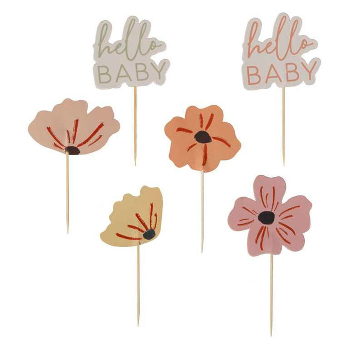 Baby Shower Cake Toppers - Floral Baby Shower Cupcake Toppers - Botanical Baby Shower - Hello Baby - Gender Neutral - Gender Reveal