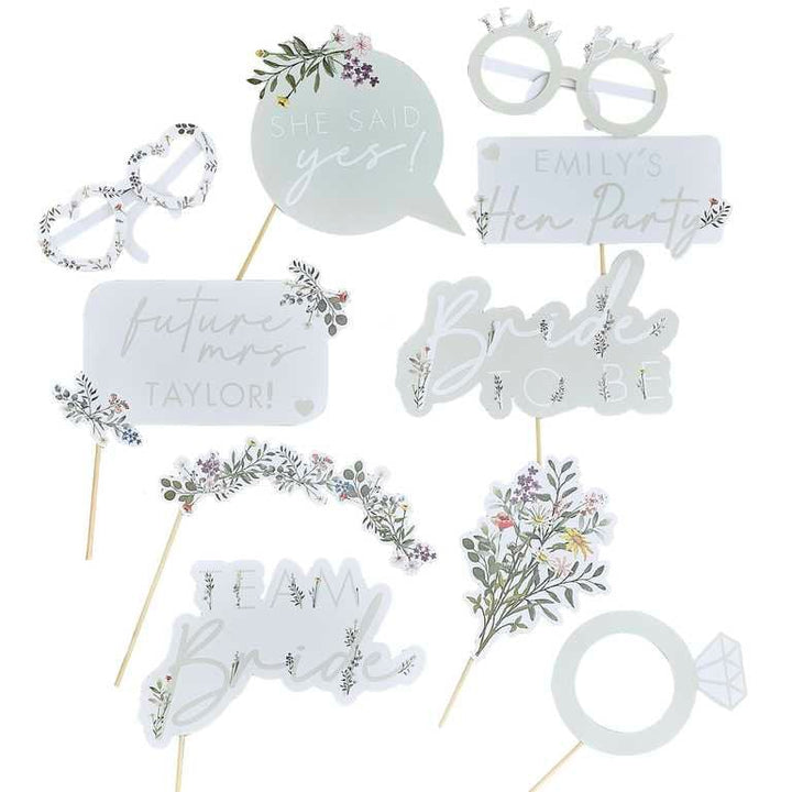 Floral Hen Party Photo Booth Props - Boho Team Bride - Customisable Name Hen Photo Props - DIY Personalisation-Bachelorette Party-Pack Of 10