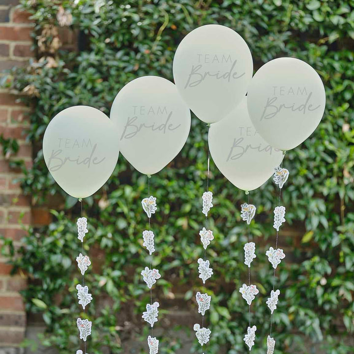 Team Bride Hen Party Balloons with Floral Balloon Tails - Boho Team Bride - Sage Green Team Bride Balloons - Bachelorette Party - Pack Of 5