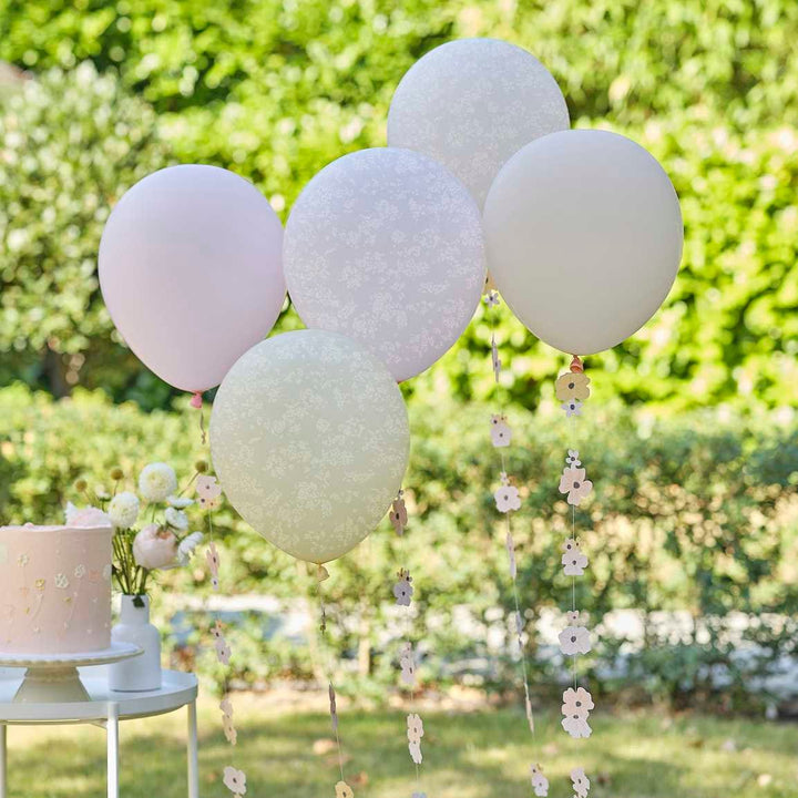 Pastel Flower Balloon Bundle with Floral Balloon Tails - Birthday Party Balloons - Birthday Brunch - Afternoon Tea Party - Pack Of 5