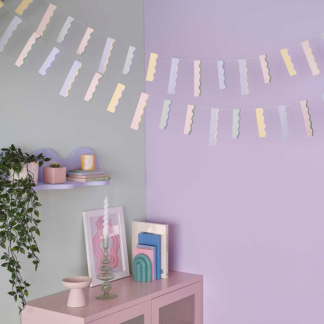 Wavy Pastel Bunting - Multicolour Card Waves Garland - Party Hanging Decorations - Birthday Party Supplies-Pastel Pink, Blue, Purple, Yellow