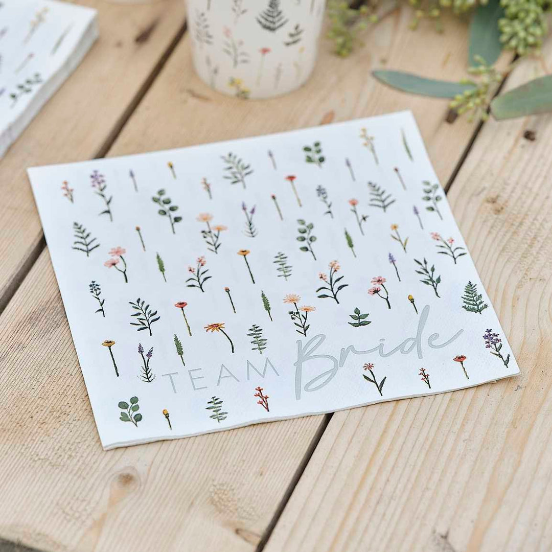 Floral Team Bride Hen Party Paper Napkins - Boho Eco Team Bride Party Napkins -White & Green Foliage Napkins-Bachelorette Napkins-Pack of 16