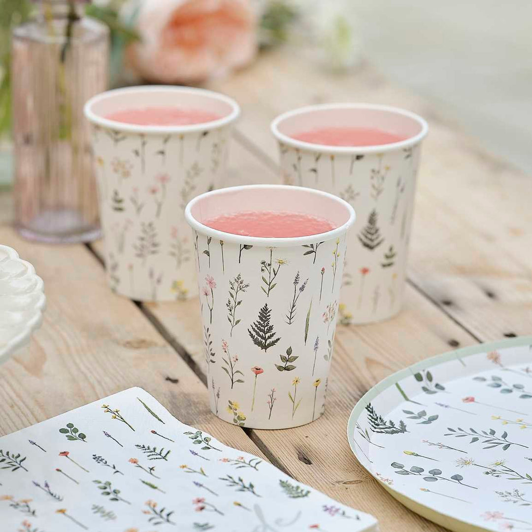 Floral Paper Cups - Boho Bridal Bloom Party Cups - Flowers & Green Foliage Disposable Cups - Bachelorette Party Cups - Pack of 8