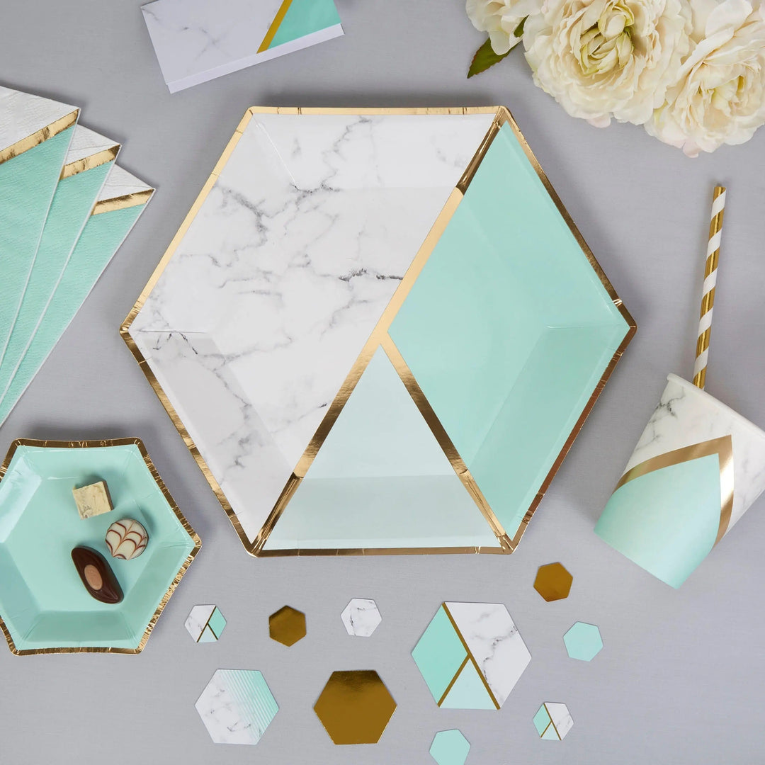 Mint and gold plates - Marble effect large paper plates - Hen party plates - Birthday paper plates -Party decorations-Party tableware-8 pack