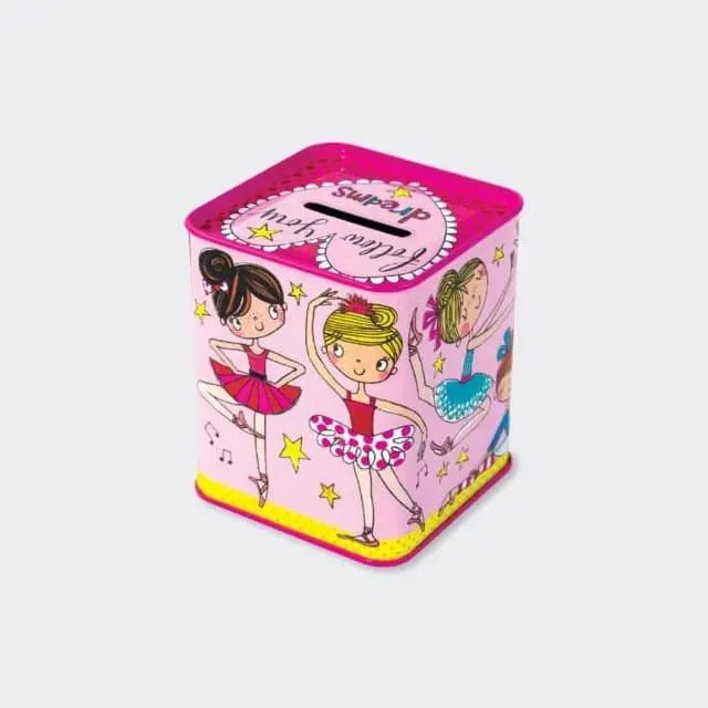 Money Box Piggy Bank - Ballerina Money Tin - Pink Girls Pocket Money Storage Box - Follow Your Dreams - Kids Coin Box - Rachel Ellen Designs