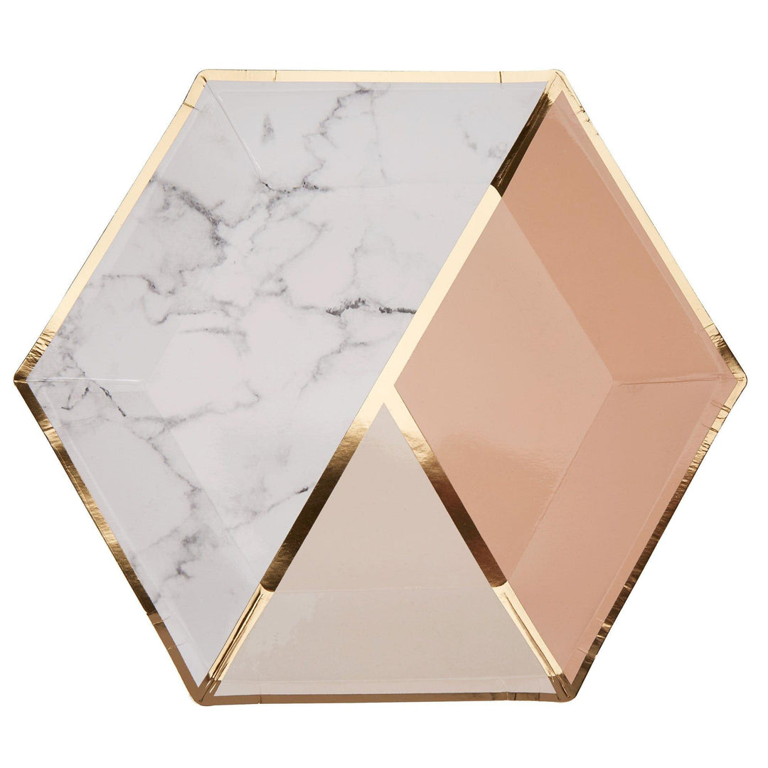 Peach, Gold & Marble Large Paper Plates - Pack of 8 - Colour Block Peach Neviti