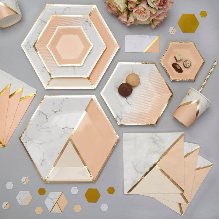 Peach and gold plates - Marble effect large paper plates - Hen party plates - Birthday paper plates-Party decorations-Party tableware-8 pack