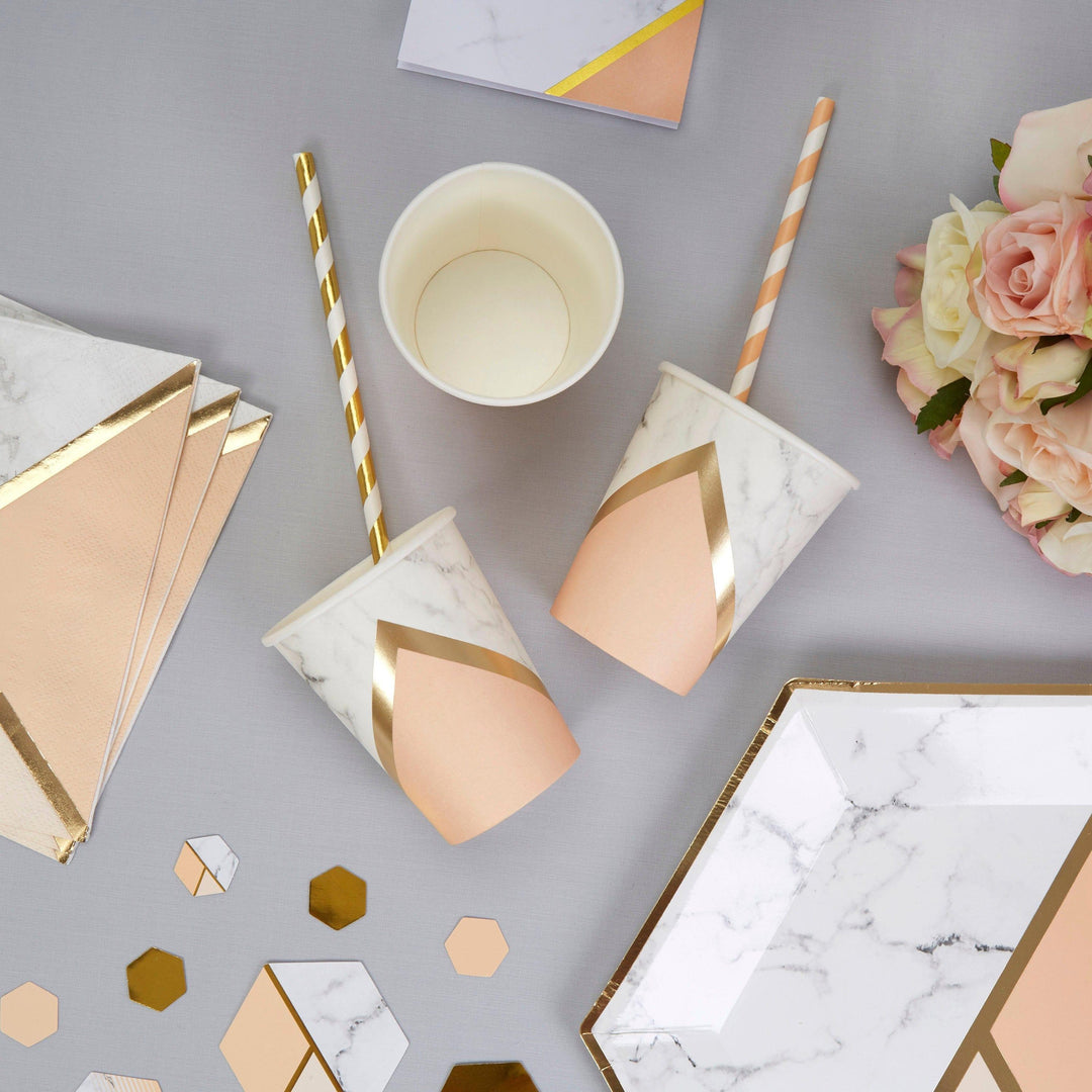 Peach and gold cups - Paper cups - Marble party cups - Hen party cups -Birthday cups-Party decorations-Party tableware-Party supplies-8 cups