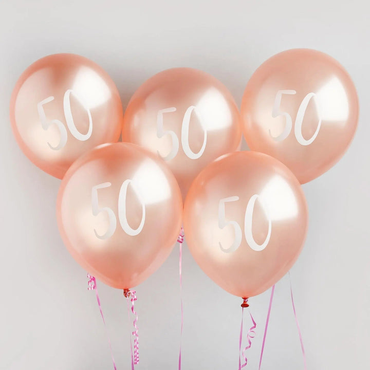 Rose Gold 50th Birthday Balloons - Happy Birthday 50 Balloons - Rose Gold & White Balloons - Party Decorations - Pack of 5