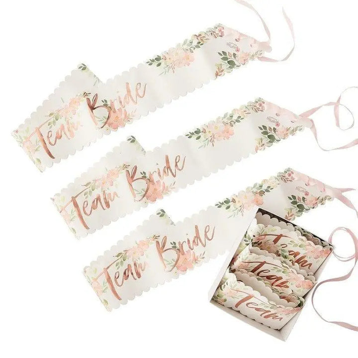 Rose Gold Floral Team Bride Sashes - 6 Team Bride Hen Party Sashes - Floral Bachelorette Party Sashes - Pack of 6