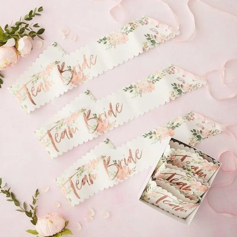 Rose Gold Floral Team Bride Sashes - 6 Team Bride Hen Party Sashes - Floral Bachelorette Party Sashes - Pack of 6