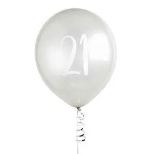 Silver 21st Birthday Balloons - Happy Birthday 21 Balloons - Silver & White Balloons - Party Decorations - Pack of 5