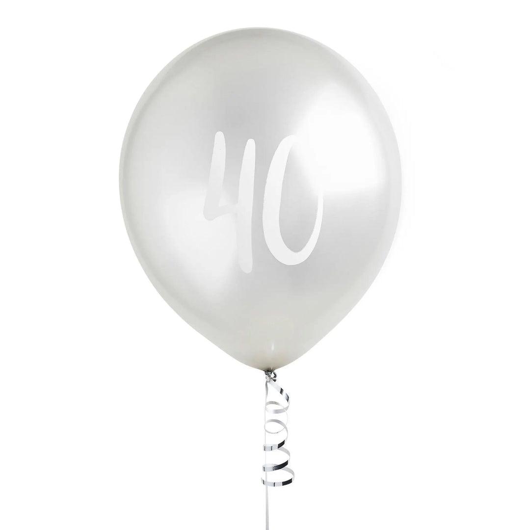 Silver 40th Birthday Balloons - Happy Birthday 40 Balloons - Silver & White Balloons - Party Decorations - Pack of 5